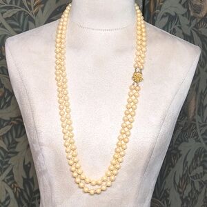Vintage 60s Long Double Strand Faux Pearl Necklace Flower Box Closure Wedding